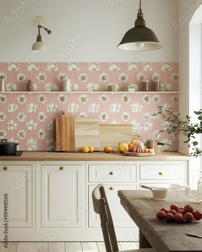 Pink Floral Tile Kitchen With Wooden Accents