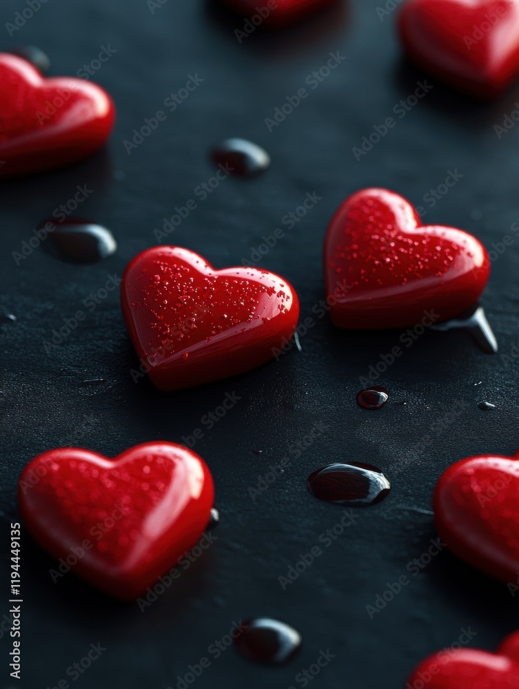 Obraz premium Scattered red hearts on a dark surface, symbolizing love and affection.