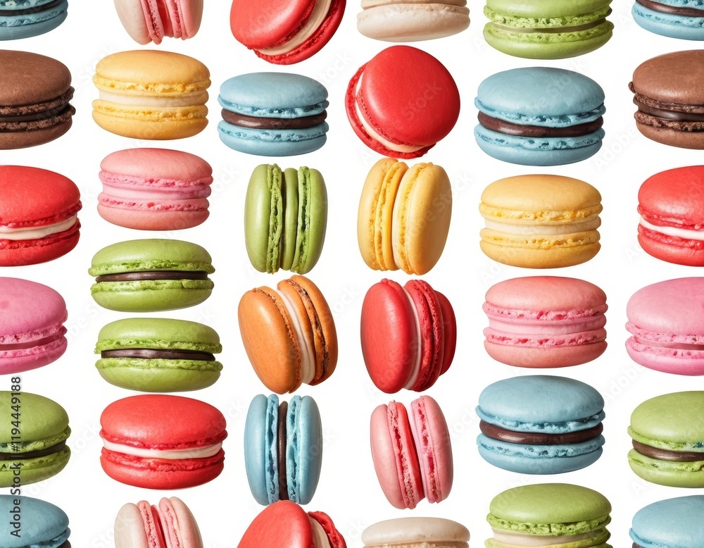 Fototapeta premium Vibrant Colorful Macarons Falling on White Background: Delicious French Pastry Sweets, Perfect for Culinary, Food, and Dessert Designs
