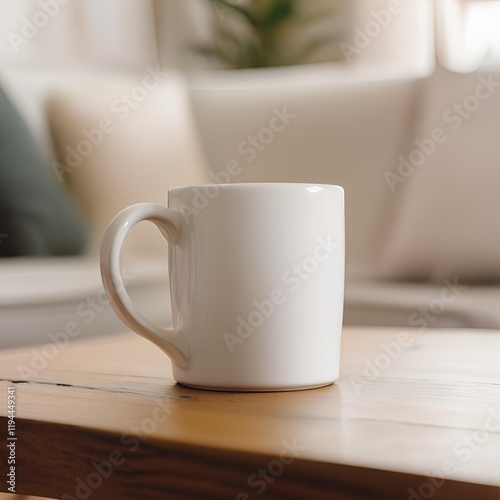 Blank white mug close up mockup on kitchen blur background.
