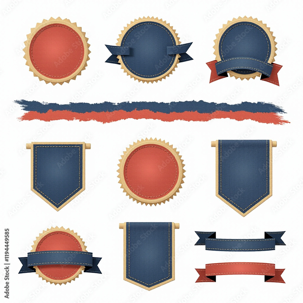 Collection of decorative badges and banners in red and blue color scheme with a vintage aesthetic. Collection of decorative badges and banners in red and blue color scheme with a vintage aesthetic.