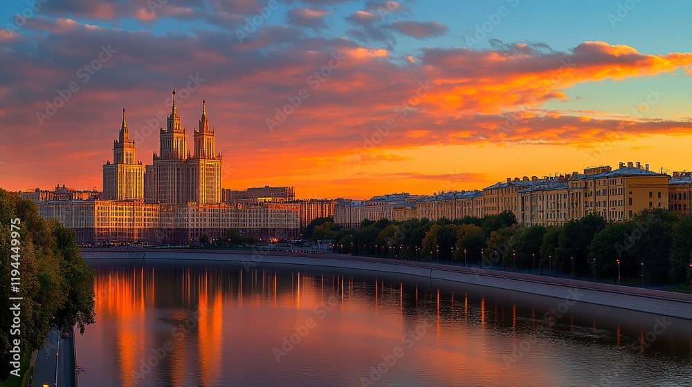 Obraz premium The majestic high-rises of Moscow-City stand tall along the Moskva River, bathed in the golden hues of a summer sunset