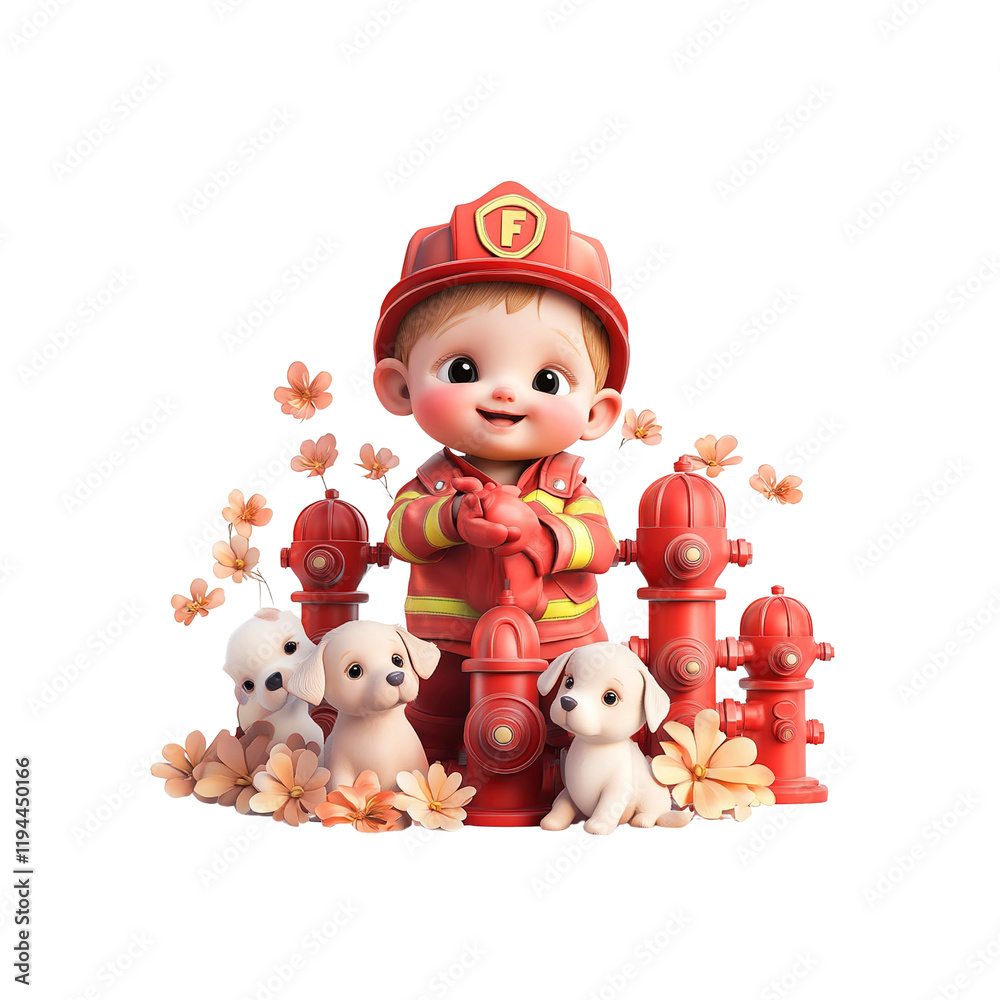 Naklejka premium Adorable Baby Firefighter with Puppies and Fire Hydrants 3D Rendered Illustration