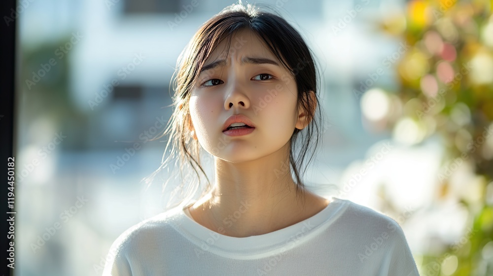 A brown-haired woman with an anxious and worried expression outdoors A brown-haired woman with an anxious and worried expression outdoors