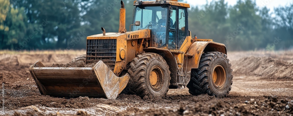 Construction site with heavy industrial machinery operating in muddy terrain