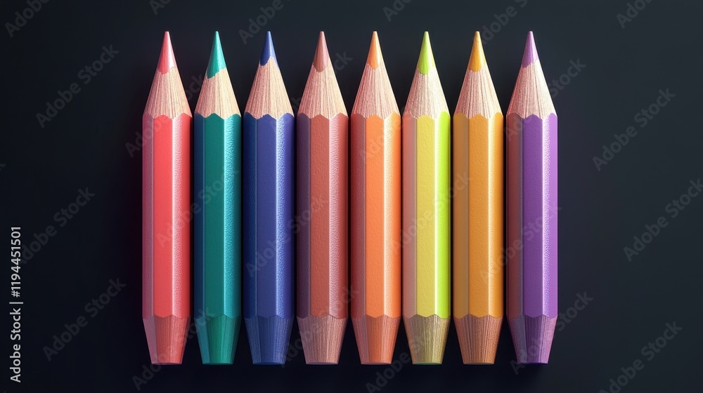 Colorful set of nine sharp pencils in various bright shades on dark background Colorful set of nine sharp pencils in various bright shades on dark background
