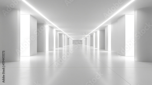 Art gallery empty 3d room with white walls, floor and illumination lamps around perimeter. Museum interior for collection presentation, photography contest exhibition hall, Realistic vector mock up