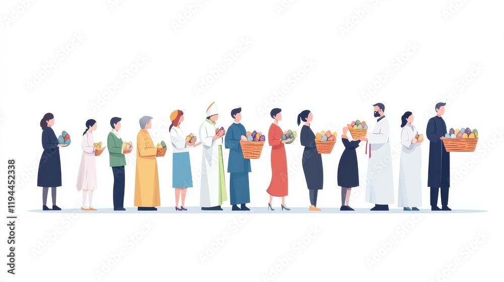 People Group Stand In Line. Priest Blessing Easter Basket Church, Consecrate Cakes Eggs, Happy Holiday Banner Flat Vector Illustration People Group Stand In Line. Priest Blessing Easter Basket Church, Consecrate Cakes Eggs, Happy Holiday Banner Flat Vector Illustration