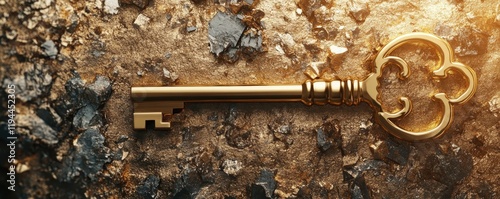 Elegant golden key on textured metallic surface in warm light