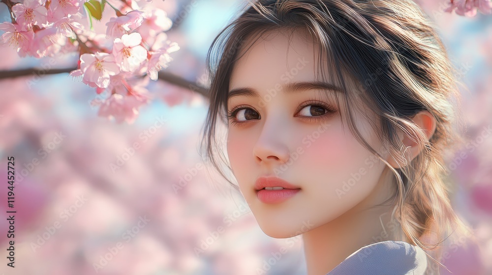 Young female amidst blossoming cherry blossoms in serene spring setting Young female amidst blossoming cherry blossoms in serene spring setting