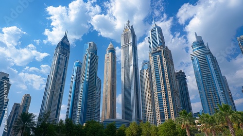 This image captures the grandeur of London's modern architecture, showcasing towering buildings reaching towards the sky. It emphasizes the scale and impressiveness of the city's urban landscape.  photo