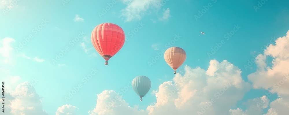 Obraz premium Colorful hot air balloons floating in a clear blue sky with fluffy clouds