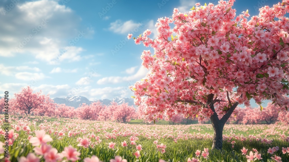 Beautiful spring landscape with blooming cherry blossoms and blue sky Beautiful spring landscape with blooming cherry blossoms and blue sky