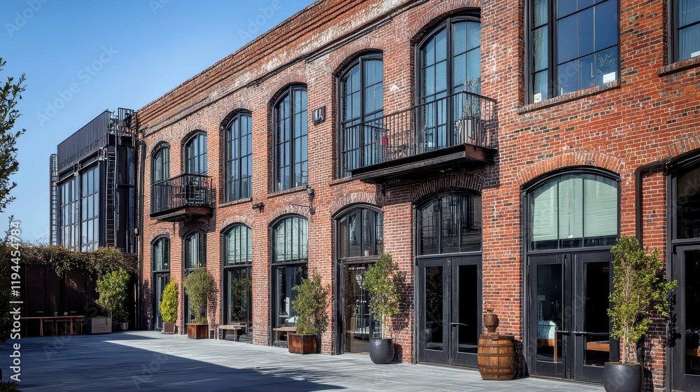 A modern brick building with large windows and outdoor seating. A modern brick building with large windows and outdoor seating.