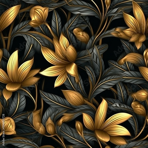 Floral wallpaper backdrop with gold flowers and leaves on black background Gold Flowers Wallpaper Background
