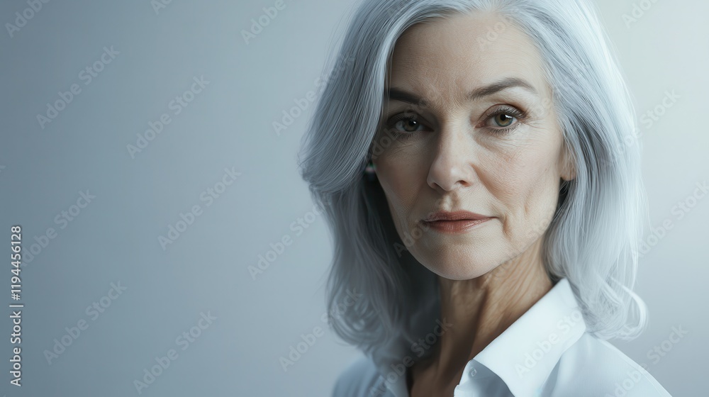 Fototapeta premium Elegant mature female with gray hair and white blouse portrait