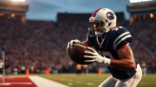Dynamic Football Player in Action Catching a Pass on the Field During a Night Game in a Stadium Filled with Fans