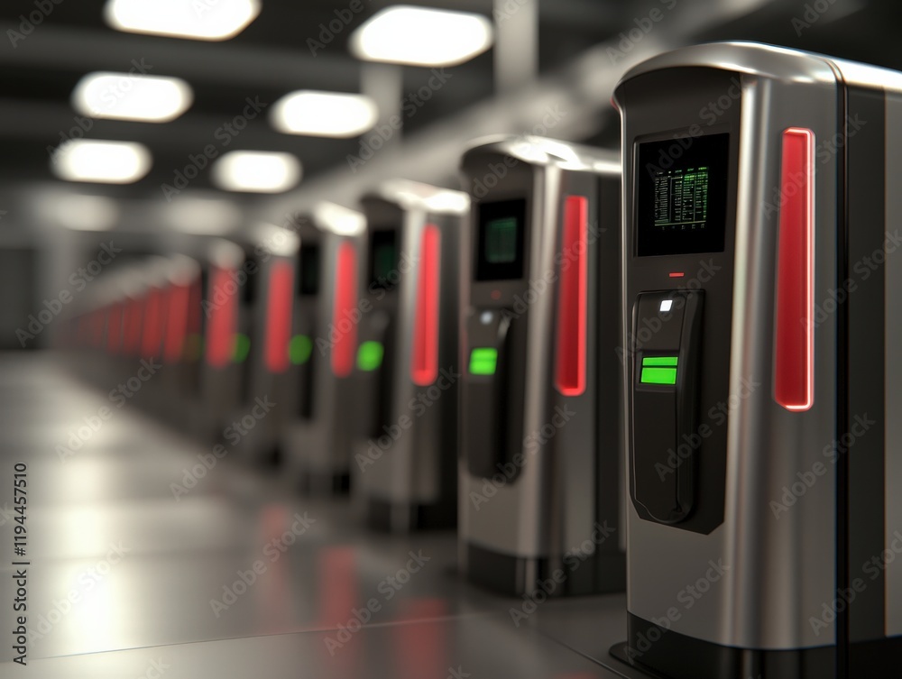 Fototapeta premium A row of modern electronic access control systems with green and red indicators, set in a well-lit, industrial environment.