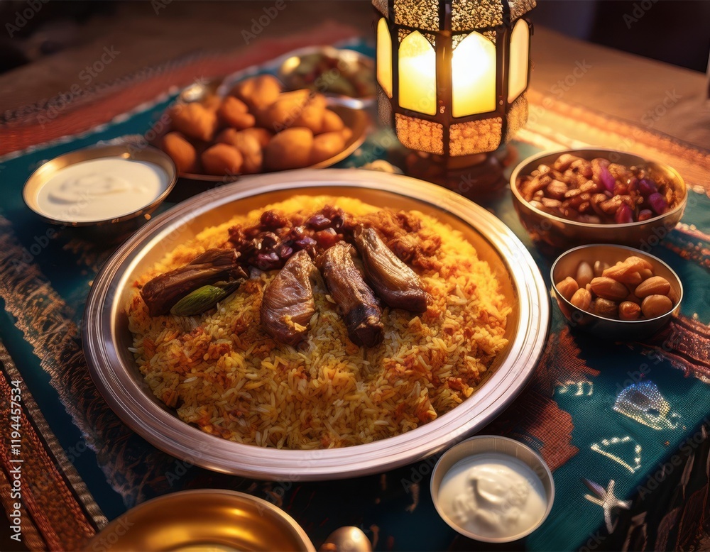 A single large platter featuring a variety of traditional iftar foods- rice pilaf, lamb stew, grilled vegetables, flatbreads, and a side of dates and yogurt A single large platter featuring a variety of traditional iftar foods- rice pilaf, lamb stew, grilled vegetables, flatbreads, and a side of dates and yogurt