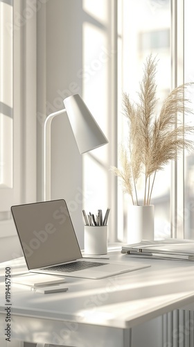 Minimalist White Desk Workspace With Laptop And Dried Flowers
