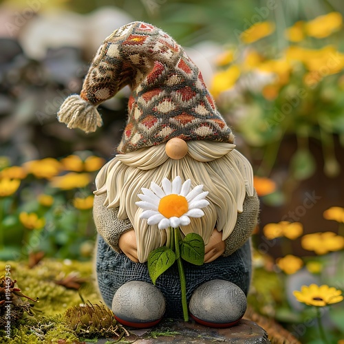 Charming gnome holding flower garden decorative figure lush environment close-up whimsical concept photo