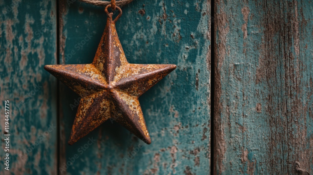 Rustic Metal Star Decoration Hanging on Distressed Blue Wooden Door for Vintage Home Decor