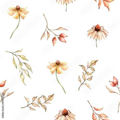Watercolor rudbeckia, rosehip, dried leaves seamless pattern. Hand painted coneflowers illustration. Blooming head with brown heart. Botanical print for pack, textile, fabric and food packaging design