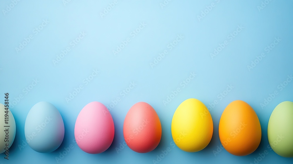 Colorful Easter eggs on a blue background in a frame. Happy Easter concept banner with ample copy space. Colorful Easter eggs on a blue background in a frame. Happy Easter concept banner with ample copy space.