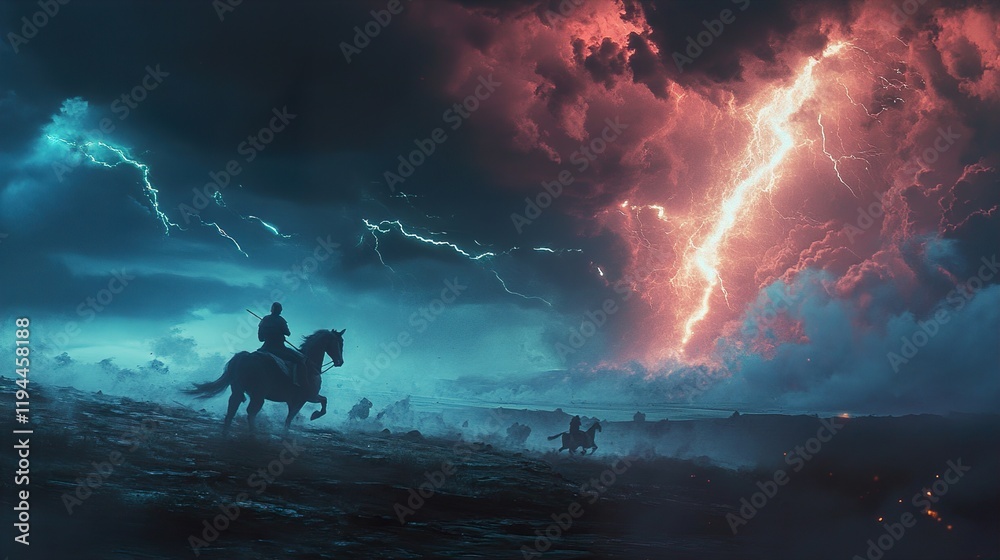 Fototapeta premium Epic Stormy Landscape: Horse Rider Silhouette