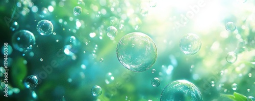Sparkling soap bubbles in sunlit green garden