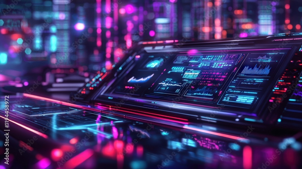 A futuristic dashboard illuminated with vibrant neon colors displays data and graphs, set against a backdrop of digital networks. A futuristic dashboard illuminated with vibrant neon colors displays data and graphs, set against a backdrop of digital networks.