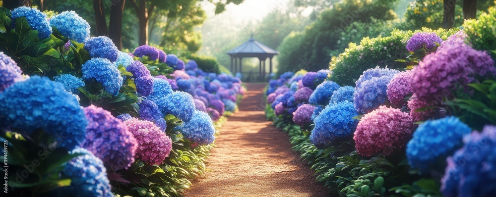 Fototapeta premium Serene garden path with vibrant hydrangeas and gazebo