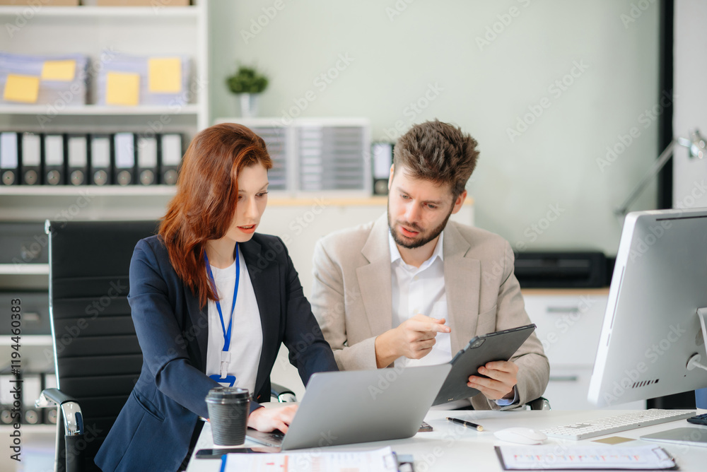 Two business workers talking on the smartphone and using laptop at office. Two business workers talking on the smartphone and using laptop at office.