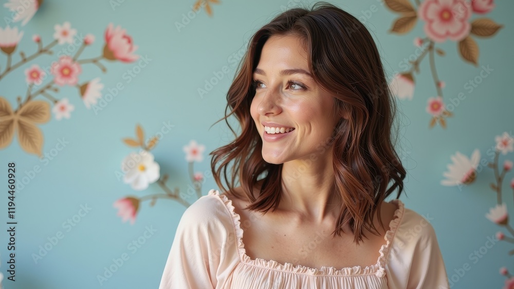 A young woman's radiant smile beams as she looks left; her shoulder-length wavy brown hair frames her face. Clad in a soft pink blouse, she stands against a whimsical floral-patterned blue backdrop A young woman's radiant smile beams as she looks left; her shoulder-length wavy brown hair frames her face. Clad in a soft pink blouse, she stands against a whimsical floral-patterned blue backdrop