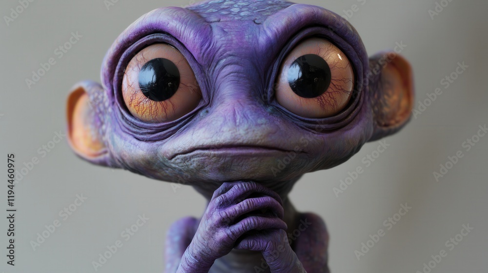 The intricate details of a purple alien's face are highlighted in a close-up, its oversized eyes gazing intently, with clasped hands adding to its reflective demeanor. The intricate details of a purple alien's face are highlighted in a close-up, its oversized eyes gazing intently, with clasped hands adding to its reflective demeanor.