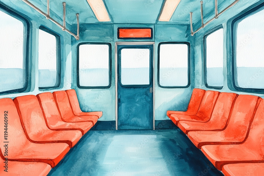 Fototapeta premium A bright, watercolor depiction of a subway train interior featuring empty orange seats, large windows, and a door, conveying a serene atmosphere.