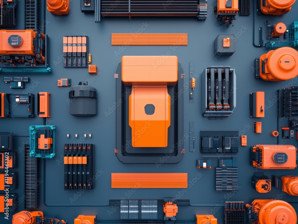 A vibrant overhead view of a circuit board featuring orange and blue components, showcasing intricate designs and technology. A vibrant overhead view of a circuit board featuring orange and blue components, showcasing intricate designs and technology.