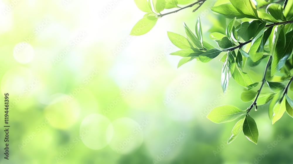 Fresh Green Buds and Leaves on Blurred Background - Young Foliage in Sunlight at Summer Garden. Fresh Green Buds and Leaves on Blurred Background - Young Foliage in Sunlight at Summer Garden.