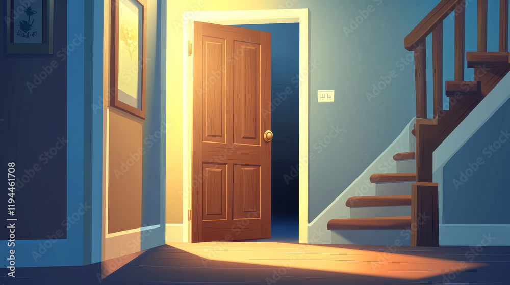 Cartoon door closing motion sequence animation. Open slightly ajar and close wooden doorways with stone stairs and darkness inside. Home facade design element, entrance. Vector illustration, icons set Cartoon door closing motion sequence animation. Open slightly ajar and close wooden doorways with stone stairs and darkness inside. Home facade design element, entrance. Vector illustration, icons set