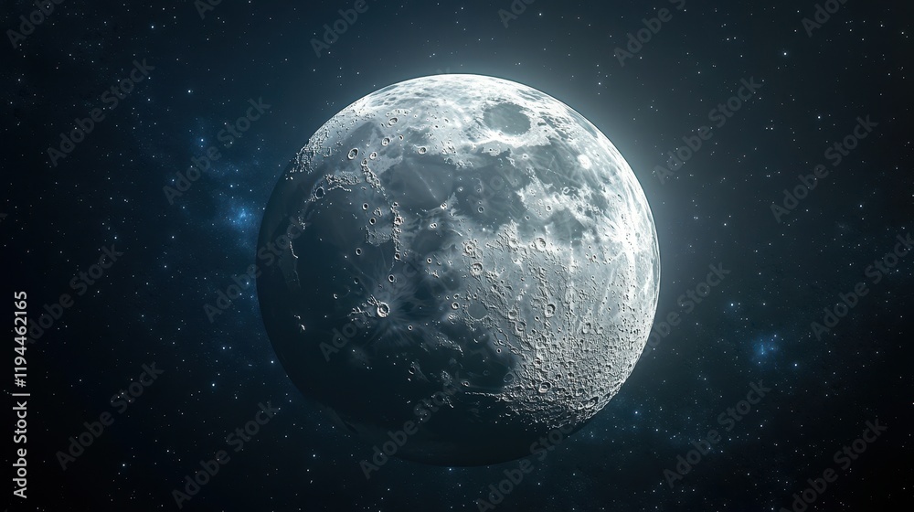 Detailed view of the moon's surface in a starry night sky Detailed view of the moon's surface in a starry night sky
