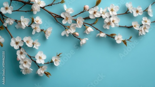 Cherry blossom branch with white flowers on vibrant blue background