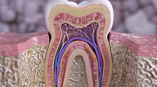3d illustration of human tooth structure cross section showing pulp, blood vessels, and nerves