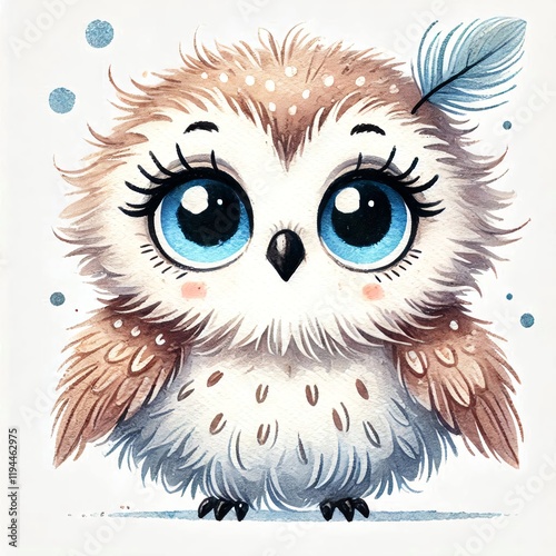 Cute and playful cartoon owl with big blue eyes and fluffy feathers photo