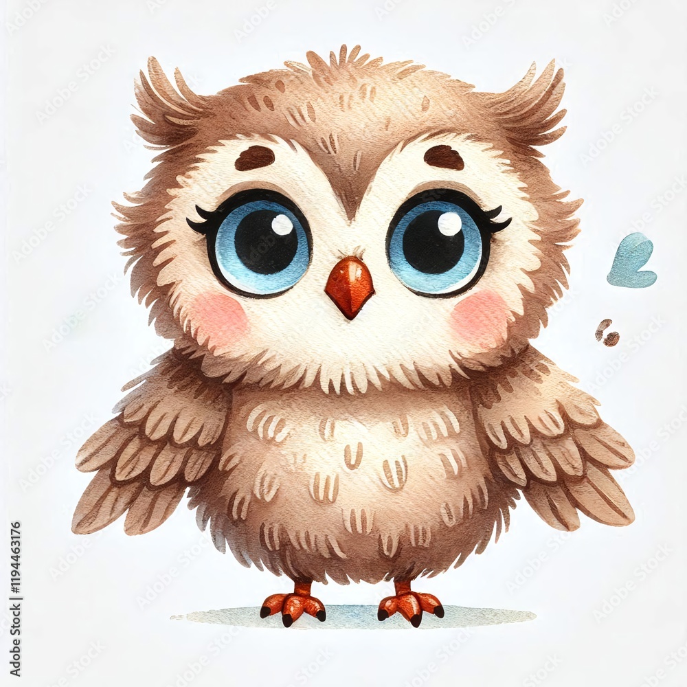 Cute and playful cartoon owl with big blue eyes and fluffy feathers Cute and playful cartoon owl with big blue eyes and fluffy feathers
