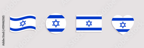 Israel flag vector set. Geometric shapes. Israeli national symbols collection. Web, national, travel, patriotic design elements. rectangle, round, love heart and waved flagstaff isolated icons