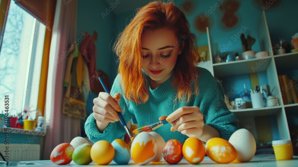 easter, holidays and people concept - happy girl coloring eggs with colors and brush at home easter, holidays and people concept - happy girl coloring eggs with colors and brush at home