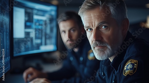 Serious law enforcement officers working together on computer screens in a darkened control room, analyzing data and investigating crimes in a modern police station environment.
