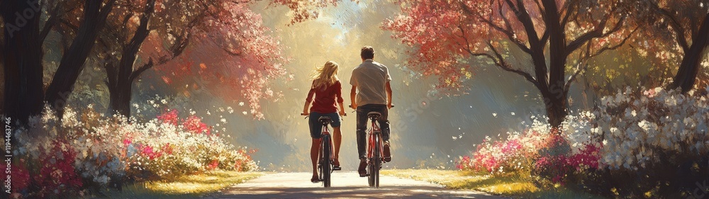 Fototapeta premium Couple cycling through a scenic autumn path.