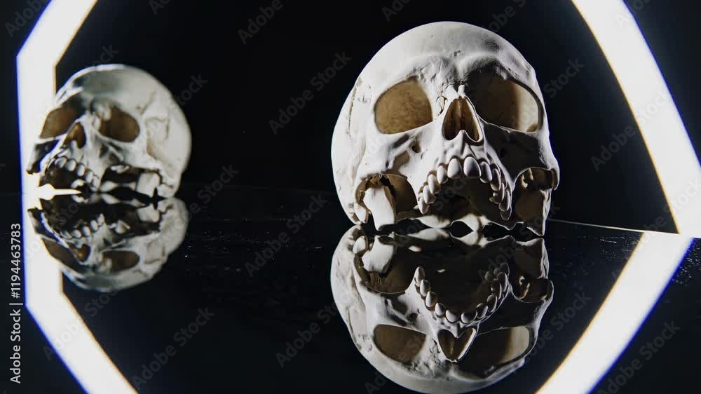 Skulls reflecting in a dark environment with glowing geometric shapes in the background