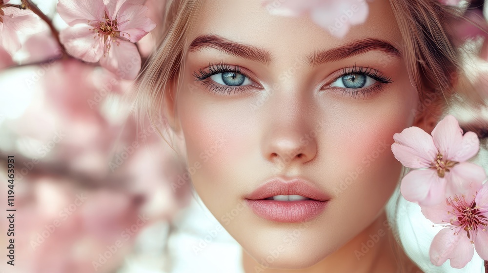 Young female with cherry blossom flowers and bright blue eyes in soft focus Young female with cherry blossom flowers and bright blue eyes in soft focus